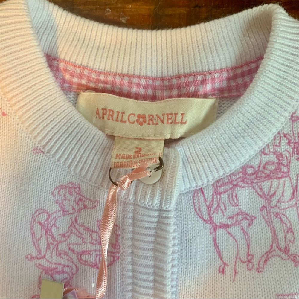 Vintage April Cornell Poodle In Parie Print Cardigan White& Pink Button Front - Picture 2 of 8
